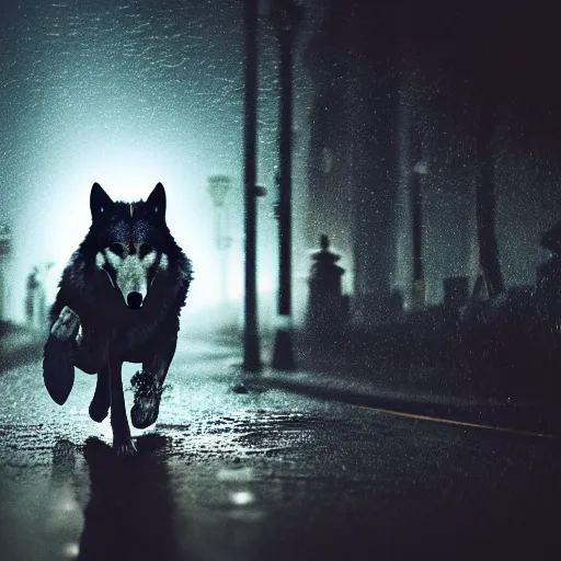 Image similar to an anthropomorphic male wolf running in the streets, night, rain, cinematic, photograph, volumetric lighting, f 8 aperture, cinematic eastman 5 3 8 4 film, photorealistic