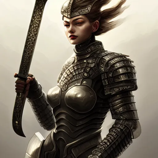 Image similar to portrait digital painting of an armored woman holding a sword. intricate, elegant, highly detailed, digital painting, artstation, concept art, smooth, sharp focus, illustration, by terry wei, qiu fang, tooth wu, kan liu, siwoo kim, jisu choe