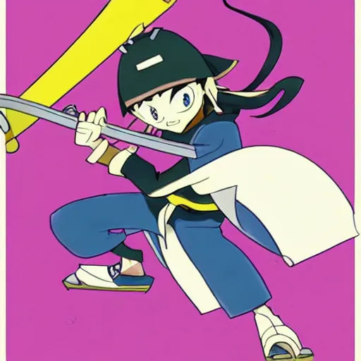 Image similar to skater character with katana in hands, cartoon stylised proportions by hiroyuki imaishi 今 石 洋 之 gainax studio trigger and yoh yoshinari animation art