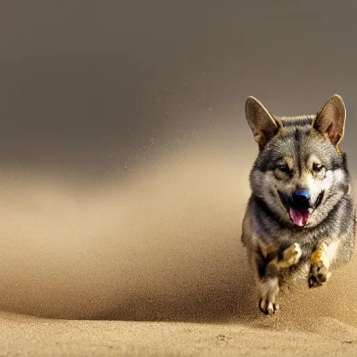 Image similar to award winning wildlife photography, a Swedish vallhund, high midair shot, running towards the camera, straight shot, high shutter speed, dust and sand in the air, wildlife photography by Paul Nicklen, shot by Joel Sartore, Skye Meaker, national geographic, perfect lighting, blurry background, bokeh