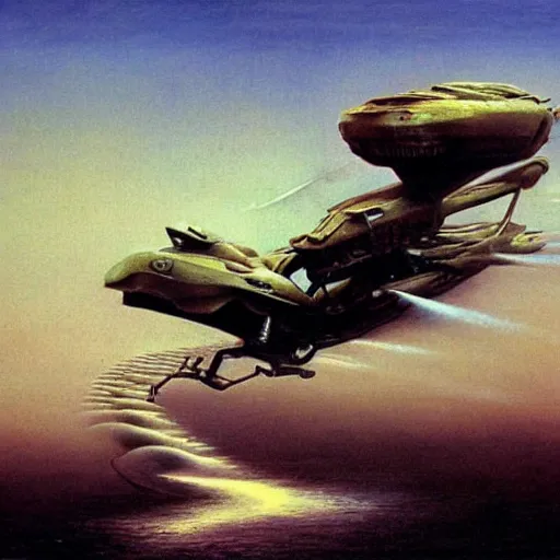 Image similar to retrofuturistic flying car, 1 9 7 0 s scifi art, beksinski style highly detailed painting