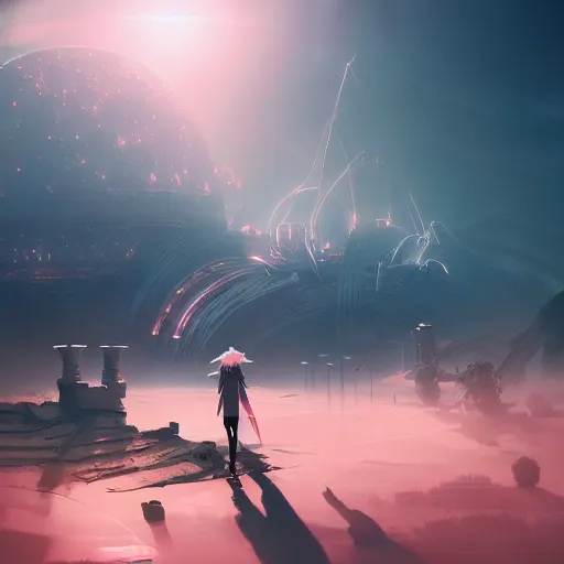 Image similar to beautiful landscape, nier automata, protoss temple, machine planet, pink sun, advanced technology, cinematic lighting, highly detailed, masterpiece, art by bastien grivet