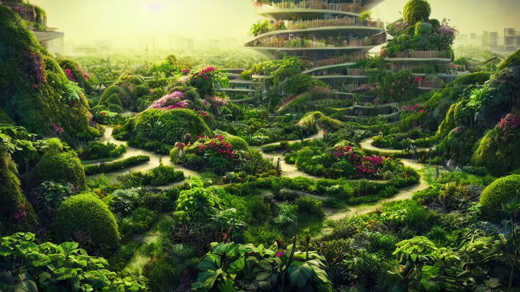Image similar to babylon sky garden, rising series layered garden, shrubs and vines, dramatic lighting, epic composition, wide angle, wild breathing, jonas drow and beeple and studio ghibli style, in artstation hdr, wild breathing, c 4 d rendering