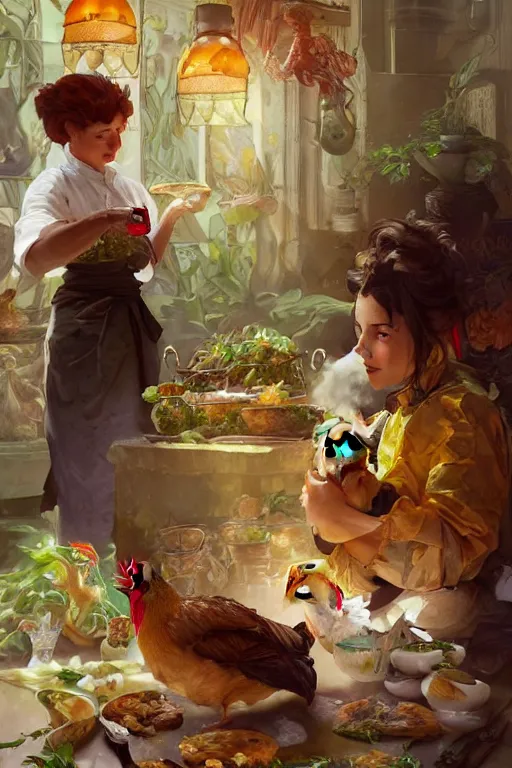 Prompt: beautiful, highly detailed, digoman cooking dinner with her pet chickens digital painting, artstation, concept art, smooth, sharp focus, illustration, art by artgerm and greg rutkowski and alphonse mucha