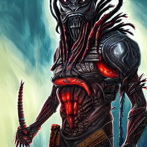 Image similar to character digital painting of an alien with dreadlocks and grey armor, The Predator, Yautja, by Dan Mumford, hyperdetailed