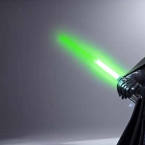 Prompt: A studio image of Darth Vader holding a green lightsaber, ray tracing, 4k, hyper detailed, studio lighting, movie set,