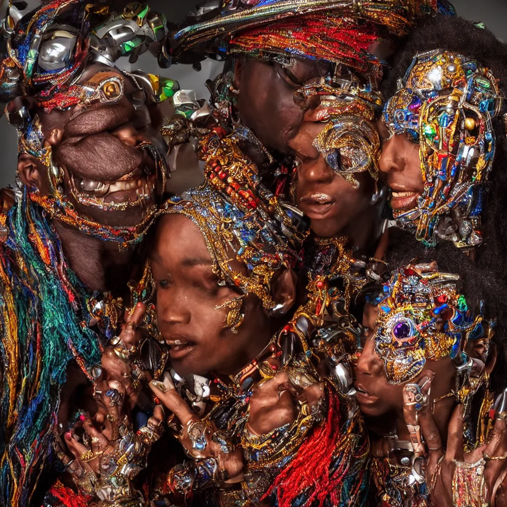 Image similar to a high-resolution color-chrome closeup portrait, hyper realistic African voodoo priest, kissing a incredible elegant alien rococo Queen, ornate jewelled, sci-fi, high-tech, beautiful low light, style Steve McCurry Octane render 8k