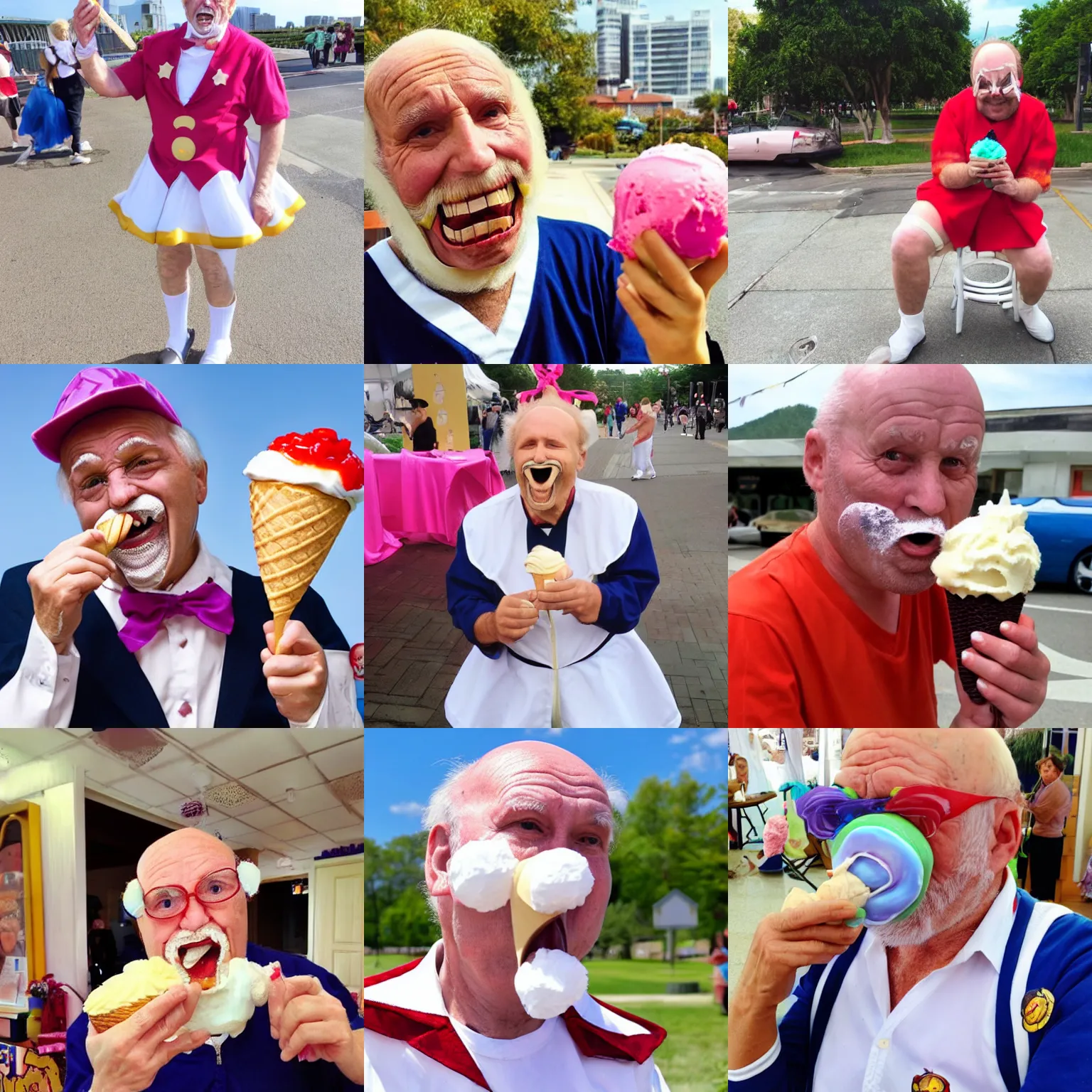 Prompt: photo of a old wrinkly balding man eating an icecream dressed as sailor moon cosplay