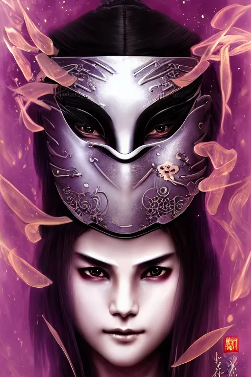 Image similar to beautiful ultradetailed young female ninja portrait, wearing mask of Ninja, black magic and mystery and evil and stunning, reference from video game Far East of Eden+smoky eyes+light flowing hair, ssci-fi, fantasy, in mudra and firefly night ruin tokyo temple, ultradetail face, art and illustration by craig mullins and tian zi and WLOP and alphonse mucha, human structure, intricate complexity, fantasy world concept, watermark, blurry, hyperrealism 8k