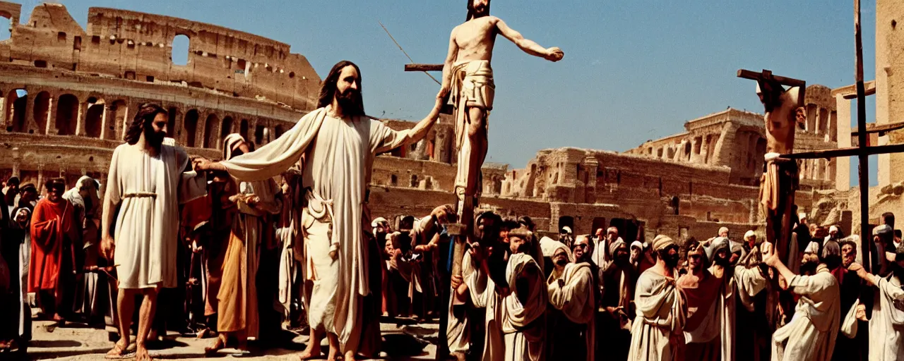 Image similar to jesus being led to the cross made of spaghetti, ancient rome, architectural, minimal, canon 5 0 mm, wes anderson film, kodachrome, retro