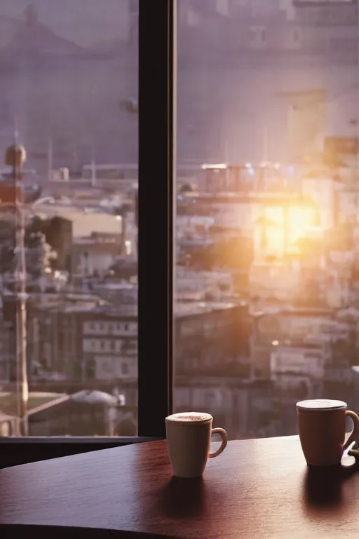 Image similar to a man sitting on a café table mext to a window and holding a cup of coffee at sunset, Pixar style, black hair, 4K, cartoon, concept art, octane render, unreal engine 5, path tracing, complementary colours, serene scene, warm, cute, natural lighting, high quality, highly detailed, high coherence, defined face, five fingers, anatomically correct, soft lighting, close view, digital art, trending on DeviantArt