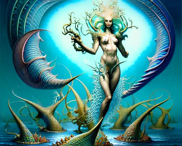 Prompt: the army of merfolk, ocean, fantasy character portrait made of fractals facing each other, ultra realistic, wide angle, intricate details, the fifth element artifacts, highly detailed by peter mohrbacher, hajime sorayama, wayne barlowe, boris vallejo, aaron horkey, gaston bussiere, craig mullins