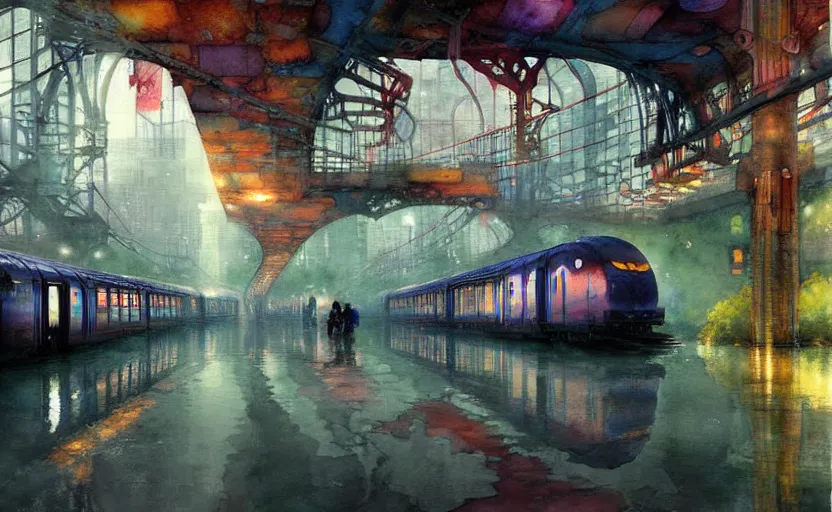 Image similar to an urban train rides inside of a waterway on a fantasy city. intricate, amazing composition, colorful watercolor, by ruan jia, by maxfield parrish, by marc simonetti, by hikari shimoda, by robert hubert, by zhang kechun, illustration, gloomy