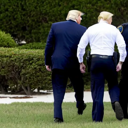 Image similar to Donald Trump in handcuffs escorted by two FBI agents at Mar-a-lago, photo, low angle