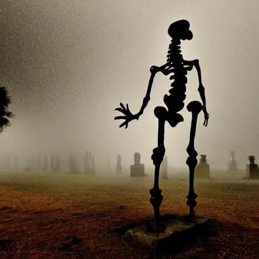 Image similar to A Skelton dancing in a grave yard, gloomy, dark, night time, foggy, dark colored, atmospheric