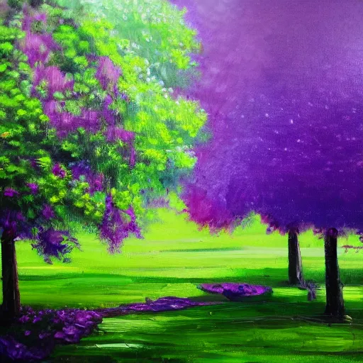 Prompt: tranquil oil painting of purple garden withe green trees, detailed, 8k, mesmerizing