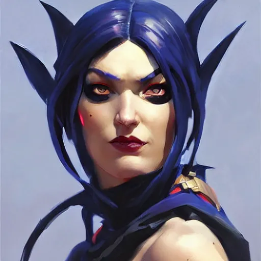 Image similar to greg manchess portrait painting of raven darkholme alias mystique as overwatch character, medium shot, asymmetrical, profile picture, organic painting, sunny day, matte painting, bold shapes, hard edges, street art, trending on artstation, by huang guangjian and gil elvgren and sachin teng