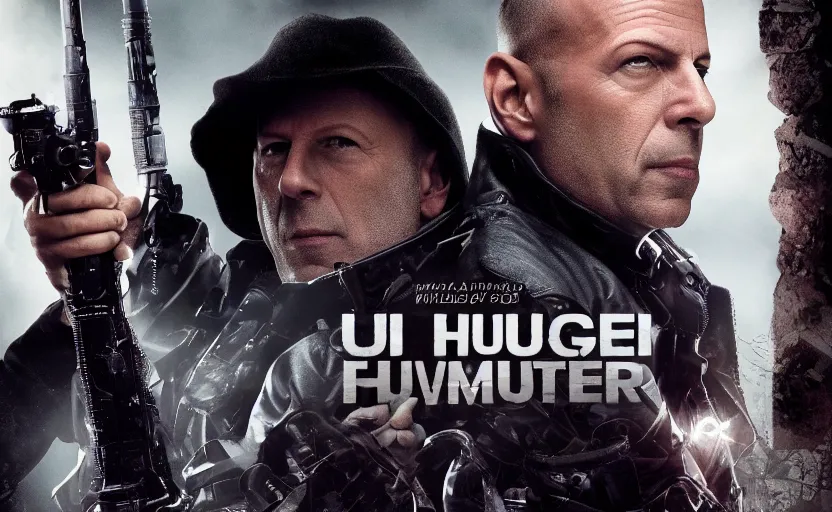 Prompt: photo of bruce willis future vampire hunter, gear up, ultra detailed, movie frame, cinematical composition, 4 k