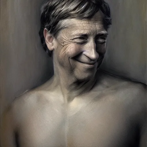 Image similar to Bill Gates with an shredded, toned, inverted triangle body type, painting by Gaston Bussiere, Craig Mullins, XF IQ4, 150MP, 50mm, F1.4, ISO 200, 1/160s, natural light