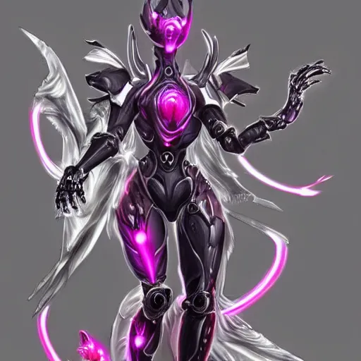 Image similar to highly detailed realistic exquisite fanart, of a beautiful female warframe, but as an anthropomorphic elegant robot female dragoness, glowing eyes, shiny and smooth off-white plated armor, bright Fuchsia skin beneath the armor, sharp claws, robot dragon four fingered hands, and robot dragon three clawed feet, royal elegant pose, full body and head shot, epic cinematic shot, professional digital art, high end digital art, DeviantArt, artstation, Furaffinity, 8k HD render, epic lighting, depth of field