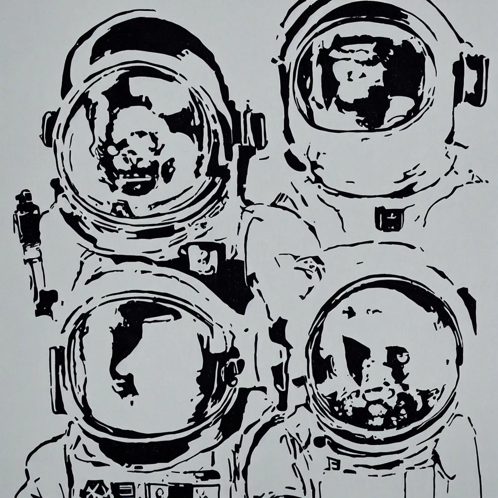 Image similar to individual furry astronaut silk screen portrait banksy style