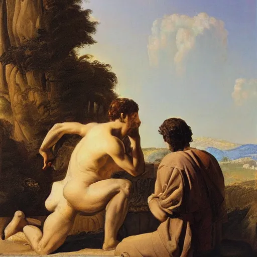 Prompt: thinking man kneeling in front of Aphrodite, painting, greek