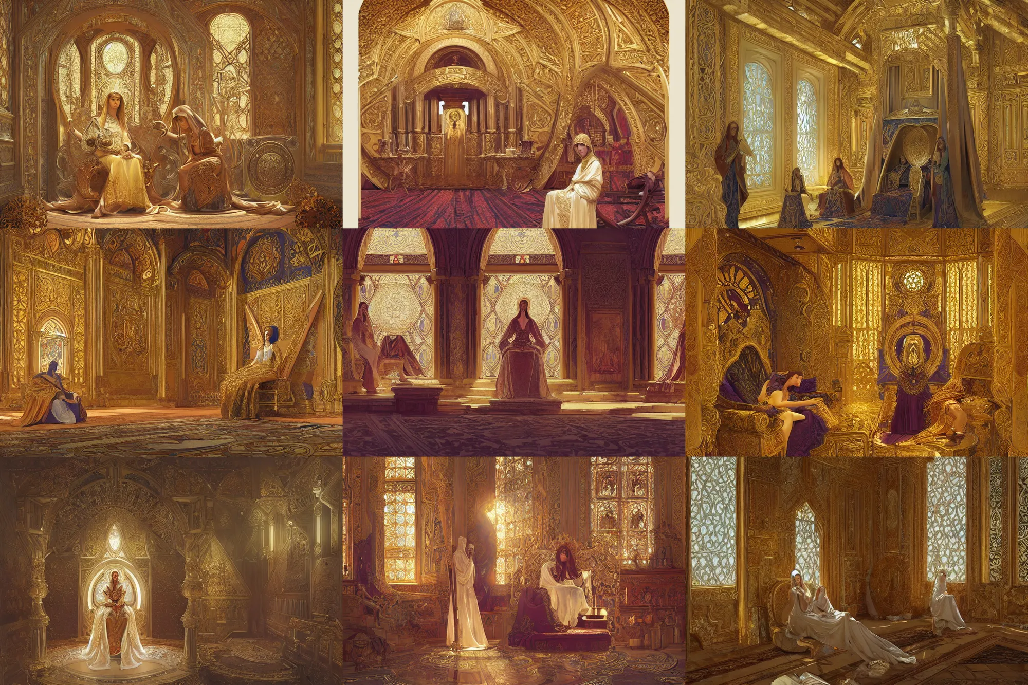 Prompt: byzantine throne room, highly detailed, digital painting, artstation, concept art, sharp focus, illustration, art by artgerm and greg rutkowski and alphonse mucha