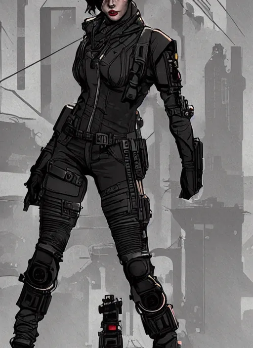 Prompt: feminist selina. gorgeous female cyberpunk assassin wearing a military vest, and tactical jumpsuit. gorgeous face. realistic proportions. concept art by james gurney and laurie greasley. moody industrial skyline. artstationhq. creative character design for cyberpunk 2 0 7 7.