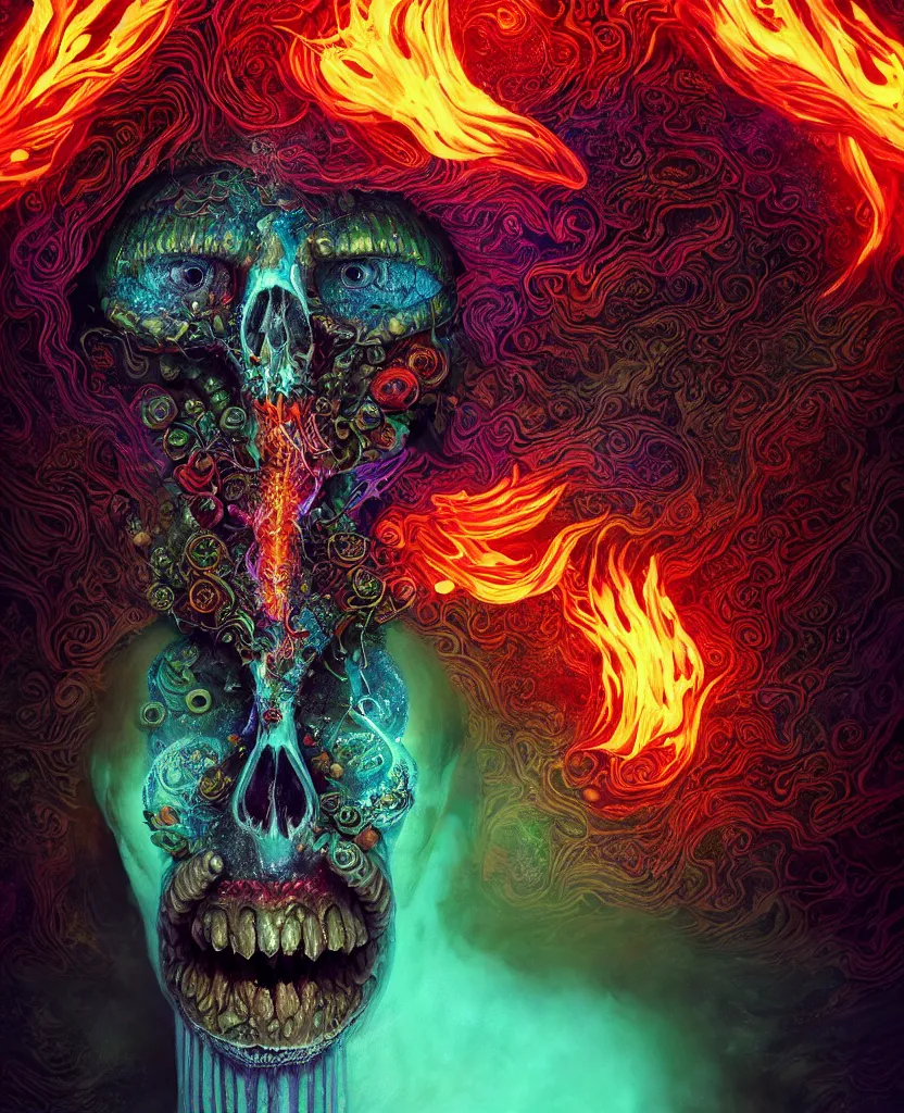 Image similar to psychedelic shaman close-up portrait. amanita muscaria phoenix head, nautilus, insect, skull, ice and fire, bioluminiscent creatures, intricate artwork by Tooth Wu and wlop and beeple. octane render, trending on artstation, greg rutkowski very coherent symmetrical artwork. cinematic, hyper realism, high detail, octane render, 8k