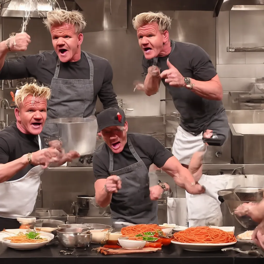 Image similar to gordon ramsay throwing spaghetti and yelling at eminem, cooking show, very detailed, realistic, 4 k, professional photography