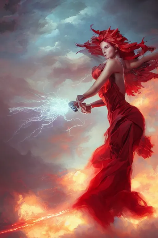 Image similar to beautiful girl warrior in red dress, casting magic spell holding electricity, angel, magic storm and thunder clouds, fantasy, magic the gathering, hyper detailed, 3 d render, hyper realistic detailed portrait, peter mohrbacher, wlop, ruan jia