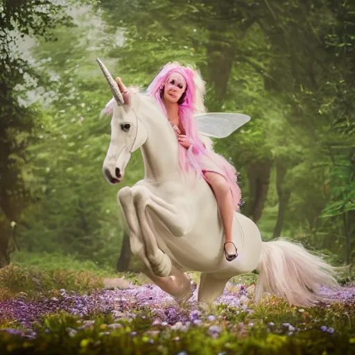 Image similar to a fairy sitting on a galloping unicorn, CANON Eos C300, natural lights, award winning photography