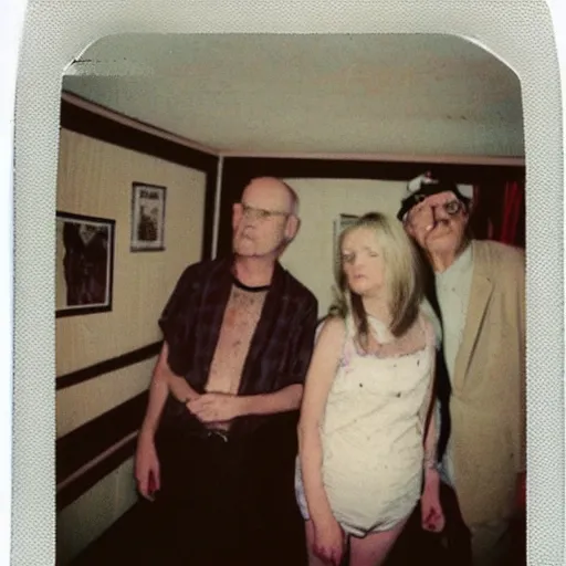 Image similar to a found polaroid photo of trash humpers in the backrooms