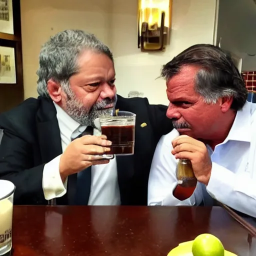 Prompt: Luis Inacio Lula da Silva and Bolsonaro drinking a caipirinha together realistic, 4k image, news, notícia