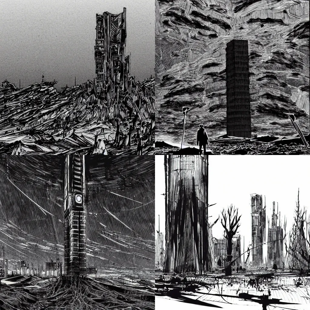 Prompt: a desolate landscape with a lonely looming brutalist tower in the center, drawn by tsutomu nihei