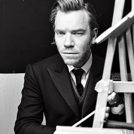 Image similar to ewan mcgregor is dressed as a gentleman at early 2 0 th century paris. he is watching an easel. that easel has a canvas on it. ewan mcgregor has a brush on his hand. he is painting a painting. realistic painting with strong outlines