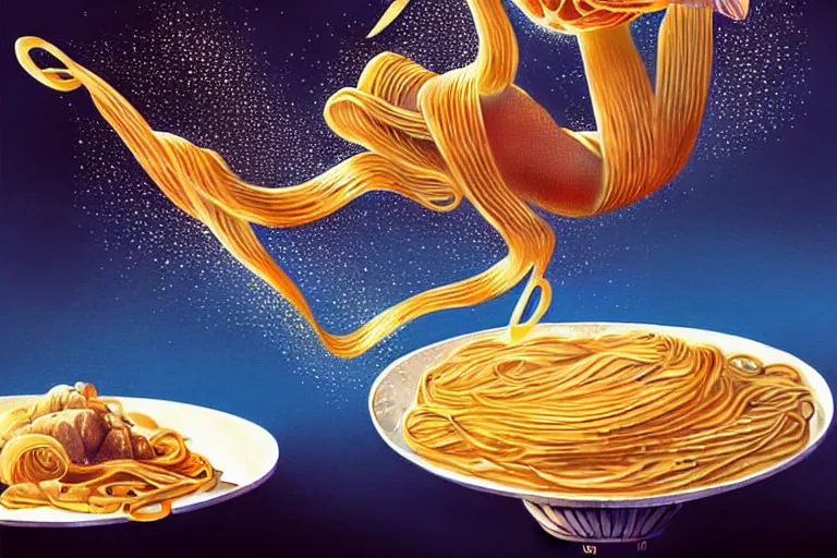 Prompt: olympic diver made of pasta diving into a dish of pasta, splash, art deco intricate ripples, fantasy, elegant, highly detailed, sharp focus, art by artgerm and beeple and greg rutkowski and wlop