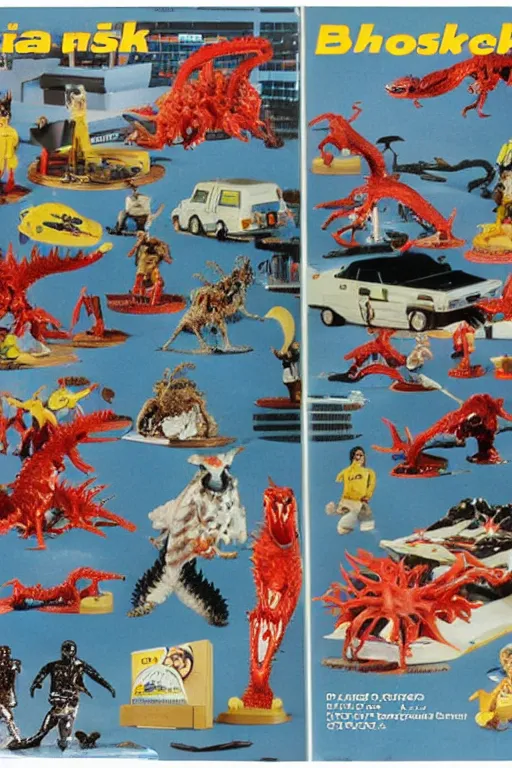 Image similar to sears wishbook page, kaiju action figures, playsets, 1980s