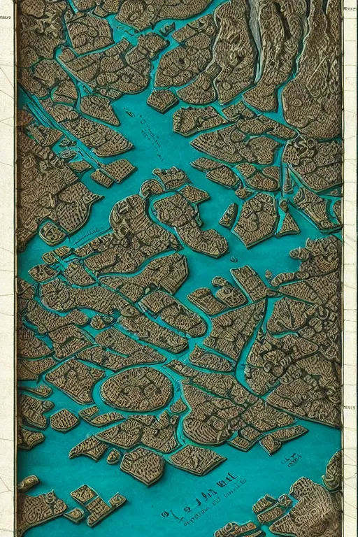 Image similar to an exquisite 3 d map, black and teal paper, intricate, highly detailed, epic, infographic, marginalia, unreal engine