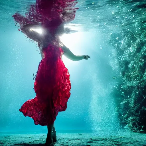 Image similar to woman dancing underwater wearing a dress made of seaweed that is flowing in the current, lighting with caustics from sunlight, cinematic, photorealistic