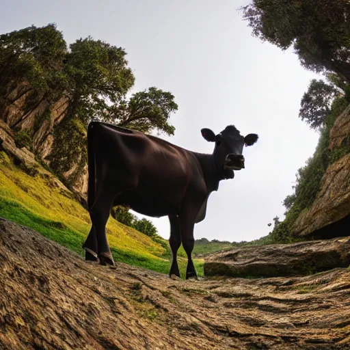 Image similar to a photo of a cow standing on black rocks, fisheye lens