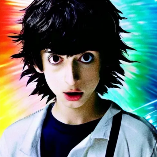 Prompt: a screenshot of finn wolfhard in death note ( the anime ) ( 2 0 0 6 ), anime, vhs quality