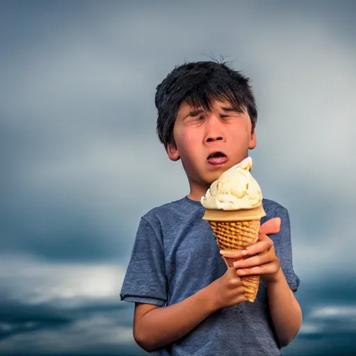 Image similar to a very upset and crying kid holding an ice cream cone with a small moai statue in the ice cream cone, 4 k photograph