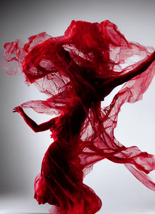 Prompt: a Photorealistic dramatic hyperrealistic render of a glamorous beautiful Female smoke dancer wearing red by Ken Brower and Deborah Ory of NYC Dance project,Lois Greenfield,Flowing cloth and smoke,Beautiful dynamic dramatic dark moody lighting,volumetric,shadows,cinematic atmosphere,Octane render,8K
