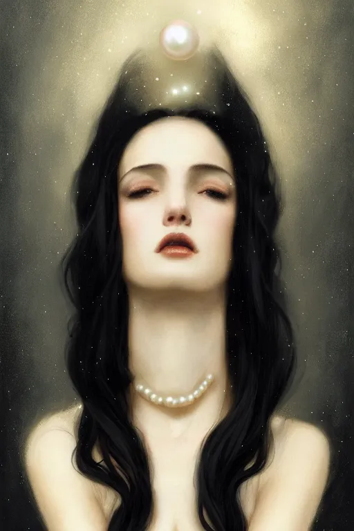 Image similar to Nocturne, glowing, stars, a long-legged elegant sultry woman, long black hair with white tips, pearl choker, highly detailed, mysterious, ethereal, dressed in black velvet, haute couture, illustration, dramatic lighting, soft details, painting, by Edmund Blair Leighton, Brom, Charlie Bowater, trending on artstation, faces by otto schmidt