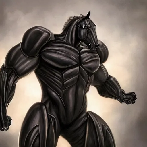 Prompt: a black exaggeratedly muscular anthropomorphized horse with a magnificently muscular physique wearing a skintight cybernetic armor while protecting a facility, long white mane, equine, anthro art, furaffinity, highly detailed, realistic, digital painting, artstation, sharp focus, concept art, illustration, art by artgerm, greg rutkowski, wlop