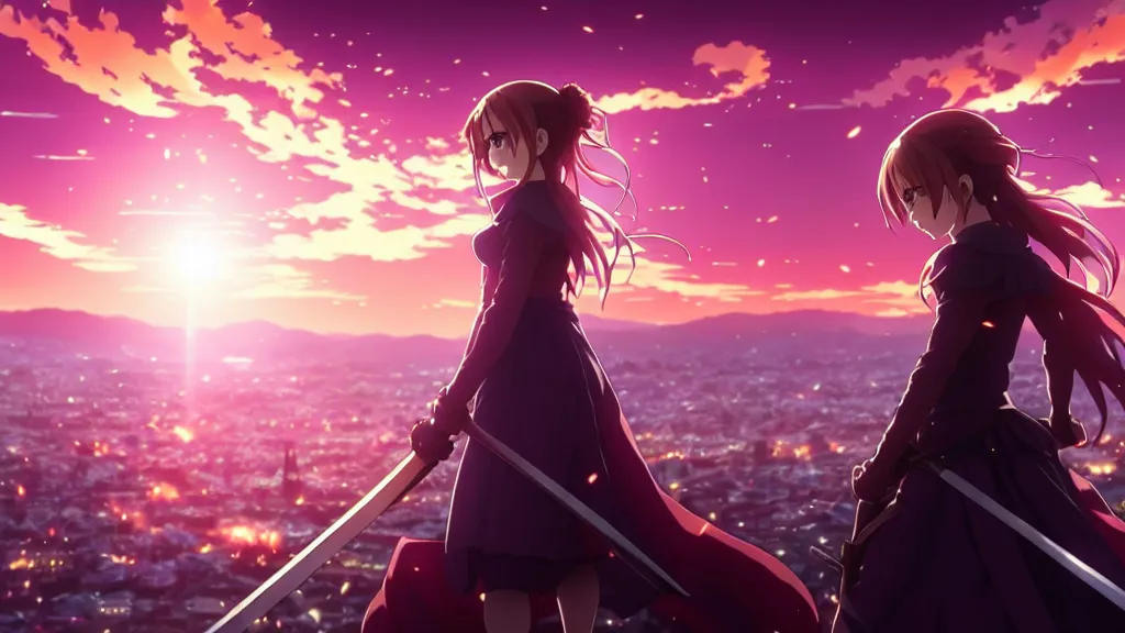 Image similar to emma watson in heavens feel movie, demon slayer, ufotable, kyoani, high quality, key visual, cinematic, city background, night time, rooftop, fate stay night, unlimited blade works, greg rutkowski, high resolution, dynamic pose, extreme close up, rin outfit, anime, high angle, high budget