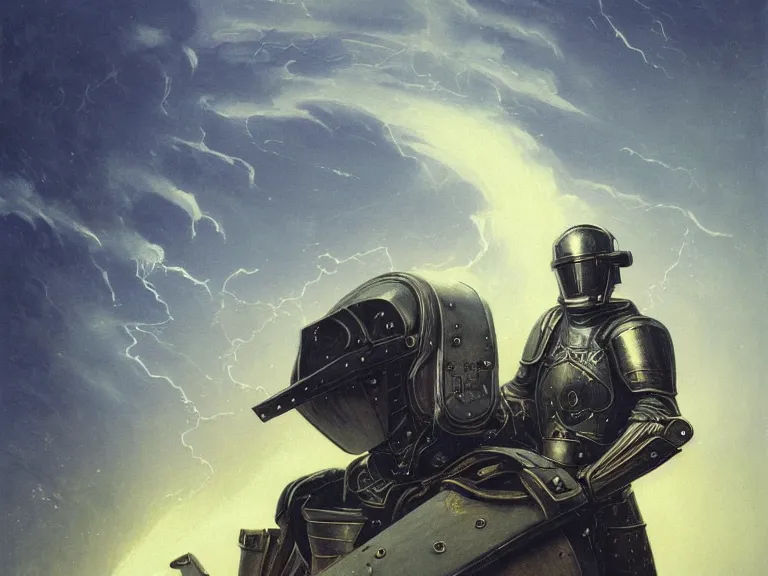 Image similar to a detailed profile painting of a bounty hunter in engraved knight armour and visor. cinematic sci-fi poster. Cloth and metal. Welding, fire, flames, samurai Flight suit, accurate anatomy portrait symmetrical and science fiction theme with lightning, aurora lighting clouds and stars. Clean and minimal design by beksinski carl spitzweg giger and tuomas korpi. baroque elements. baroque element. intricate artwork by caravaggio. Oil painting. Trending on artstation. 8k