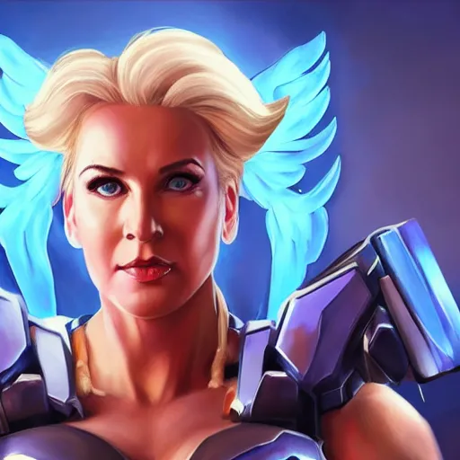 Image similar to a screenshot of arnold schwarzenegger as mercy in overwatch, angel wings, halo, portrait, fantasy, beautiful face, vivid colors, elegant, concept art, sharp focus, digital art, hyper - realistic, 4 k, unreal engine, highly detailed, hd, dramatic lighting by brom, trending on artstation