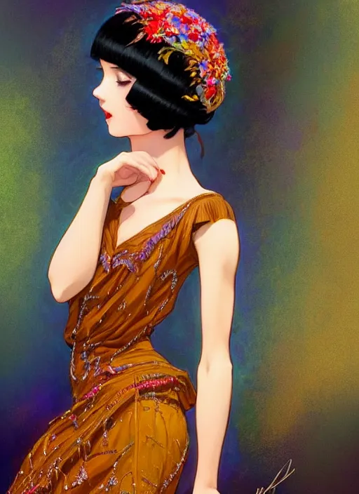 Image similar to a beautiful dancer with black hair in 1920's fashion, living room background, intricate, highly detailed, digital painting, artstation, official media, anime key visual, concept art, rich vivid colors, ambient lighting, sharp focus, illustration, art by Artgerm, Makoto Shinkai, Ilya Kuvshinov, Lois Van Baarle, and Rossdraws